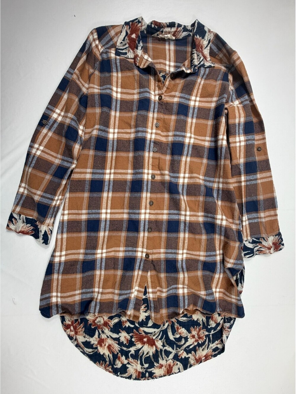 Oddi Women's Plaid and Floral Mixed Print Button-Up Tunic, Size Small